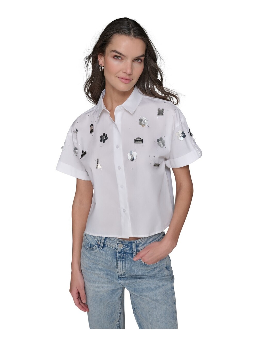 KARL LAGERFELD PARIS Womens Embellished Cotton Cro White XS